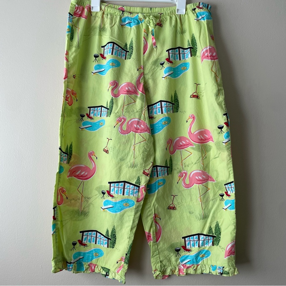NICK & NORA Women's XL Flamingo Pajama Set Capri Length 100% Cotton - Picture 3 of 10
